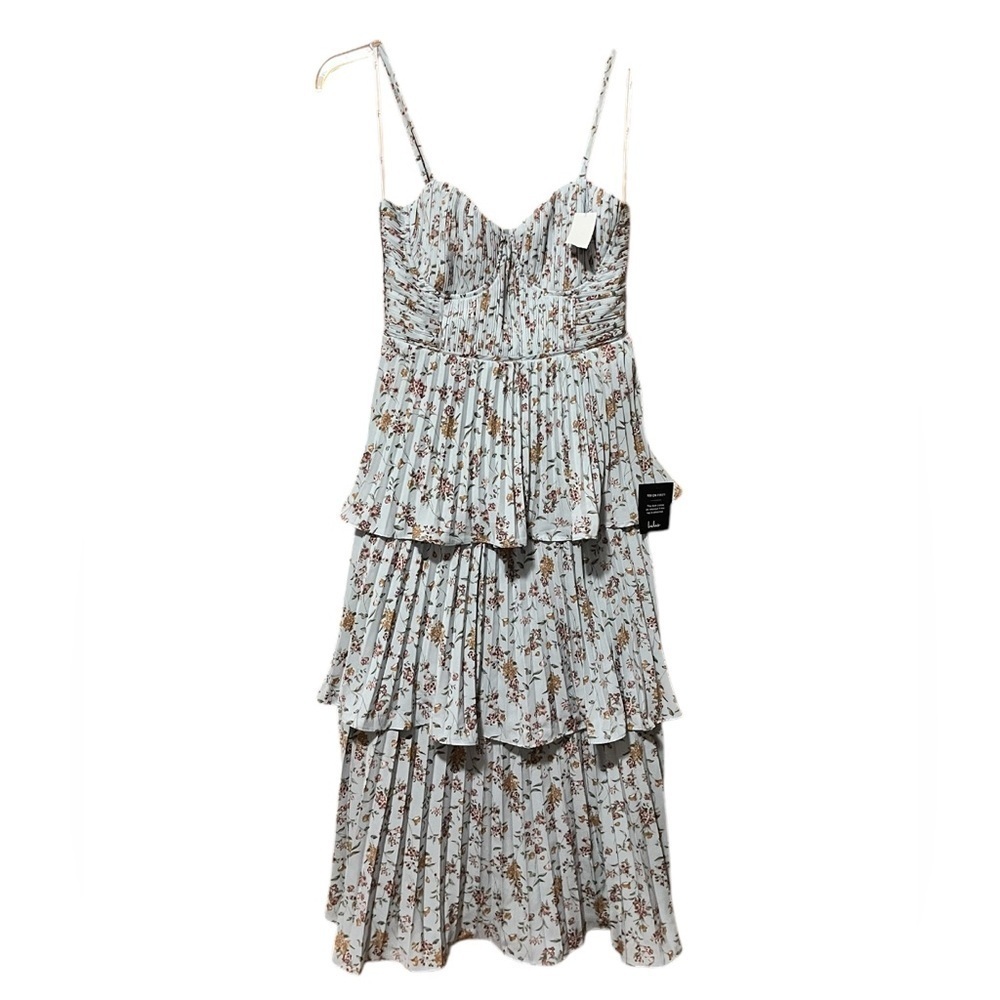 Lulus Cascading Crush Pale Blue Floral Print Tiered Bustier Midi Dress-Small - Picture 7 of 16